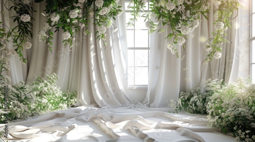 Decorations with predominantly white floral backgrounds are suitable for wedding designs