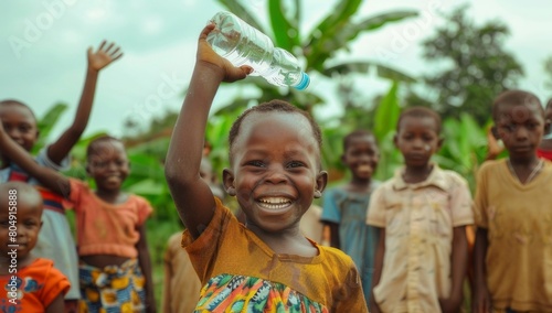 A photo of an African child holding up and smiling at the camera, surrounded by other children playing in nature with water bottles