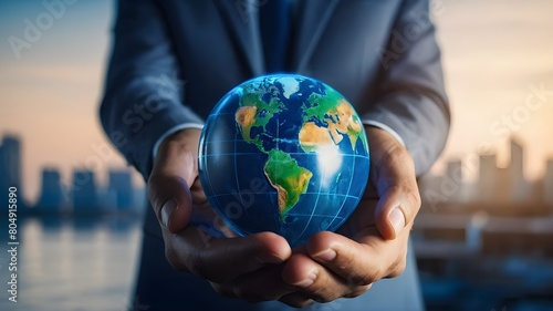 Hands Holding the Globe Concept of Global Care, Environmental Protection, and World Unity, Earth in Hands 3D Illustration of a Green and Blue Planet with Sky and Oceans, Protecting Our Planet Hands