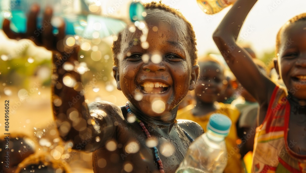 A photo of an African child holding up and smiling at the camera, surrounded by other children playing in nature with water bottles