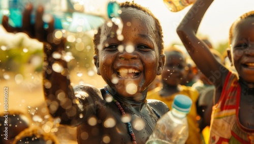 A photo of an African child holding up and smiling at the camera  surrounded by other children playing in nature with water bottles
