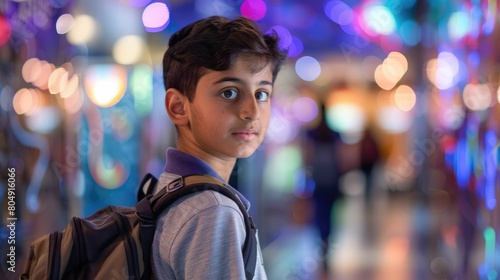 The picture of the middle eastern male child is traveling to the science museum or exhibition with curiosity to learning for education and research for the scientific information exploration. AIG43.