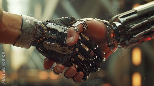 A Humanistic Robot Hand And A Full Robot Hand Shaking Hands, AI And Human Interaction And Coexistence Concept . photo