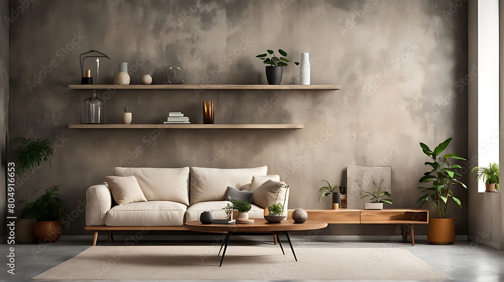 Loft interior design of modern living room, home. Beige sofa and shelving units against concrete wall. Loft interior design of modern living room, home. Beige sofa and shelving units against concrete wall.