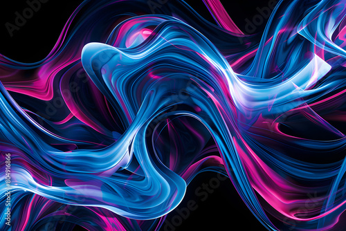 Vibrant neon abstract art with blue and pink swirling shapes. Stunning artwork on black background.