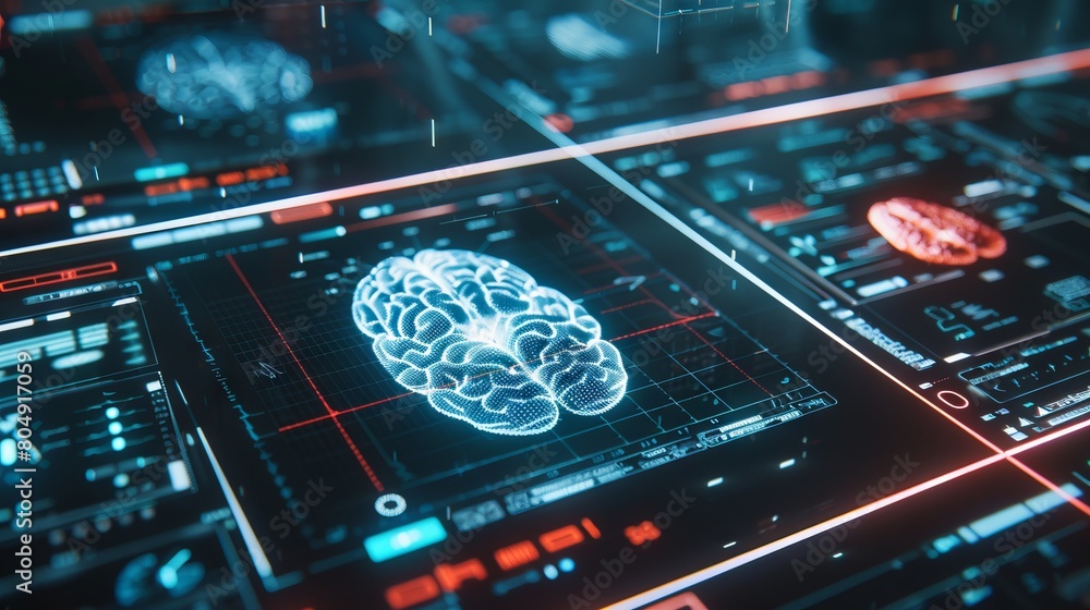 Brain testing result on digital interface on laboratory or surgery background, innovative technology in science and medicine concept. Medical technology background Brain testing result on digital interface on laboratory or surgery background, innovative technology in science and medicine concept. Medical technology background