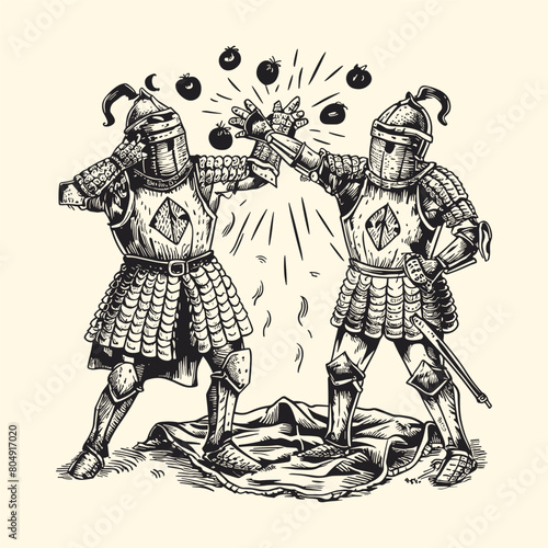  Two Knight Fighting and Wearing Medieval Knight Armor Engraved Line