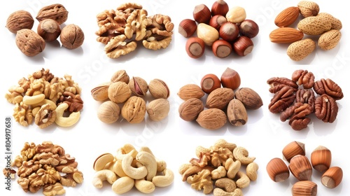 An array of nuts is isolated on a white background focusing on the unique shapes and textures of each type