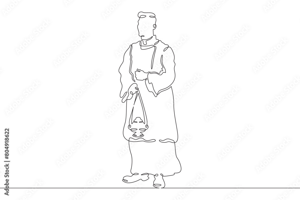 Catholic priest. Christian minister of worship. A full-length male priest in religious vestments. Religion.One continuous line . Line art. Minimal single line.White background. One line drawing. 