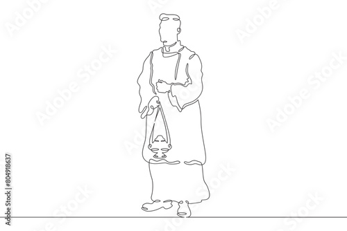 Catholic priest. Christian minister of worship. A full-length male priest in religious vestments. Religion.One continuous line . Line art. Minimal single line.White background. One line drawing. 