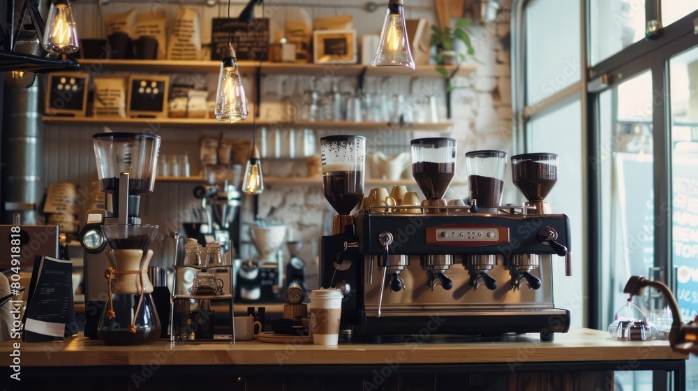 Professional coffee machine in a rustic cafe with warm lighting, evoking a welcoming atmosphere Professional coffee machine in a rustic cafe with warm lighting, evoking a welcoming atmosphere