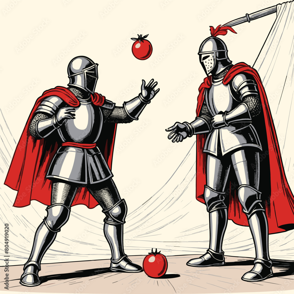 Fototapeta premium Two Knights Fighting and Wearing Medieval Armor Engraved Line