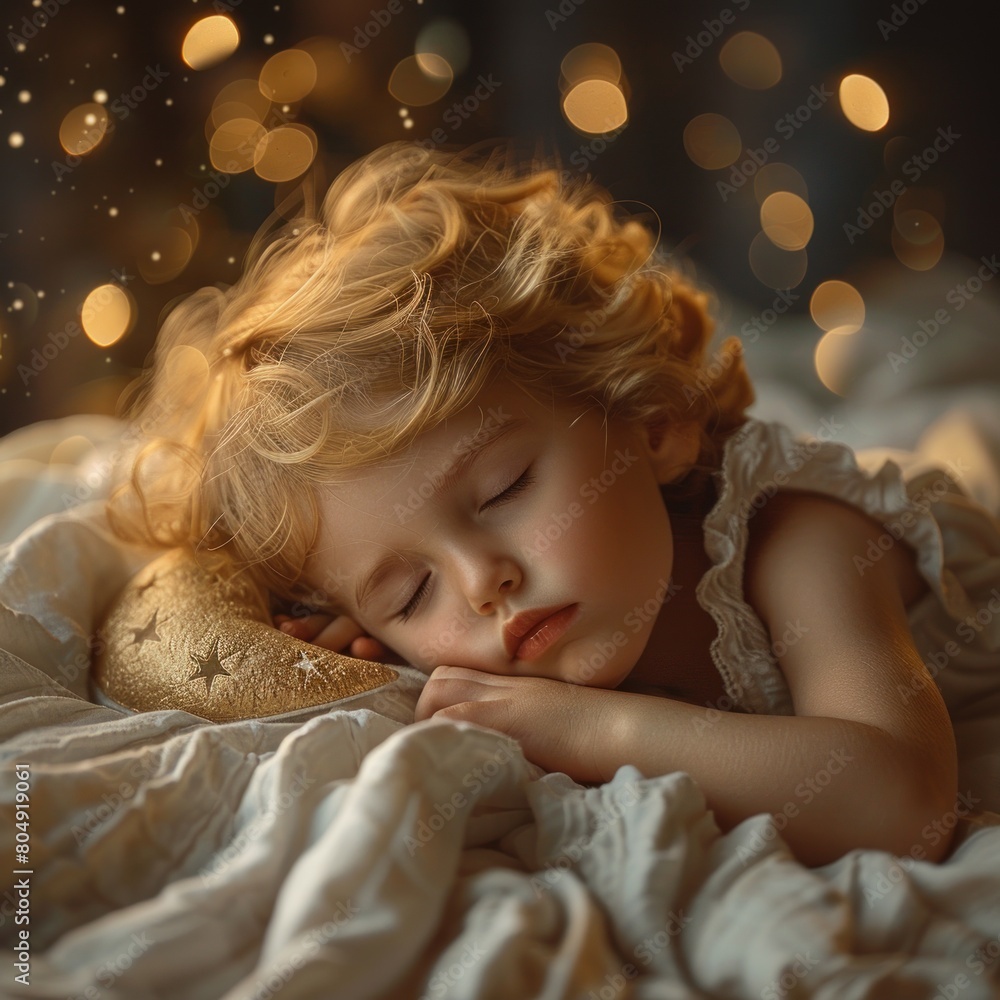 A child dreams of sleeping on a cotton cloud mattress accompanied by a crescent moon pillow, the lights are dimly lit, the atmosphere in the room is comfortable for the child to sleep. A child dreams of sleeping on a cotton cloud mattress accompanied by a crescent moon pillow, the lights are dimly lit, the atmosphere in the room is comfortable for the child to sleep.
