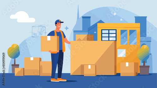 Delivery man with box and clipboard on color backgroun