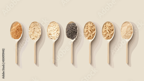 Different spoons with raw oatmeal on grey background