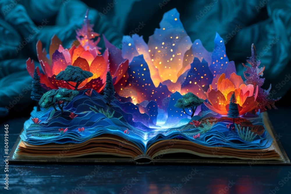 Fototapeta premium Teacher's Day, an open book with intricate papercraft designs of trees, grass and mountains emerging from the pages. The background is dark blue with a rainbow color gradient to the sky above.
