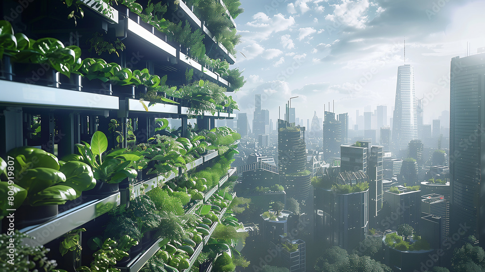 Obraz premium Hydroponic gardens producing fresh produce in urban skyscrapers.