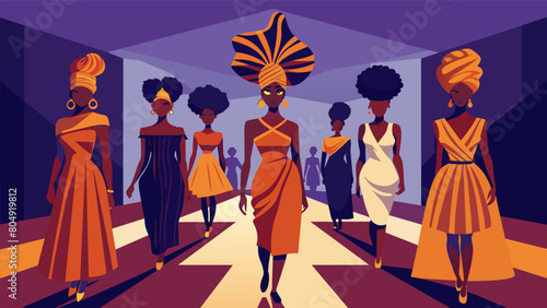 Models strutting down the runway in elegant and regal traditional African headwraps showcasing the beauty and versatility of this iconic fashion. Vector illustration