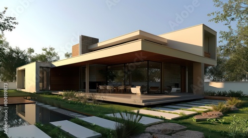 Contemporary designed house with a modern garden and sleek water features in an outdoor setting © chusnul