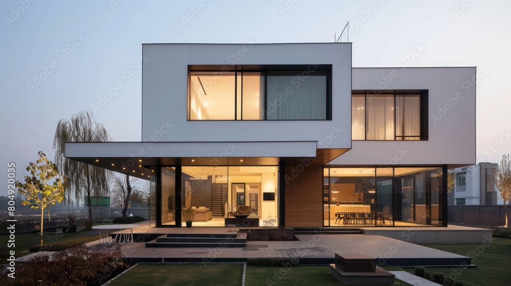 Captivating evening view of a modern two-story house with interior lights on, highlighting its stylish design and indoor-outdoor flow Captivating evening view of a modern two-story house with interior lights on, highlighting its stylish design and indoor-outdoor flow