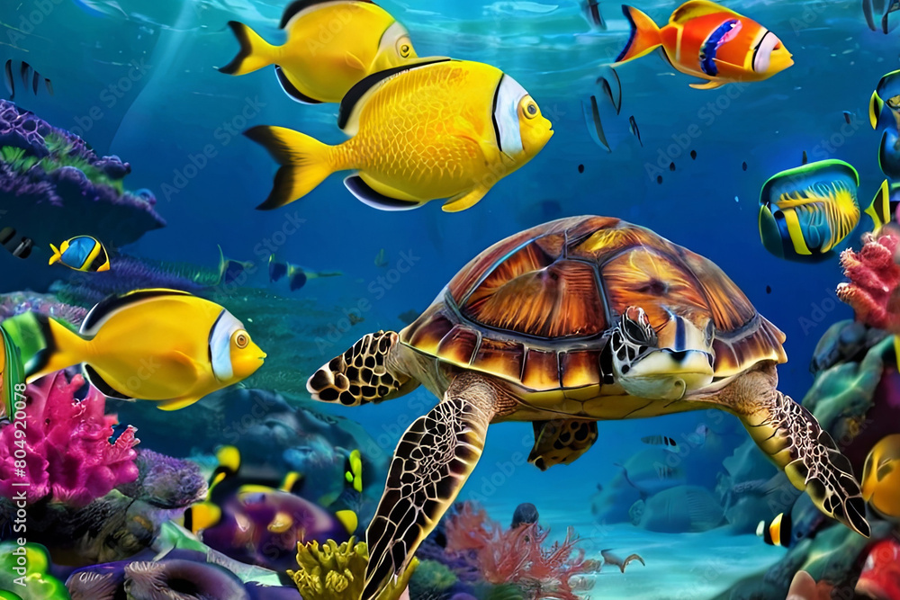 Fototapeta premium Dive into the ocean with a turtle surrounded by colorful fish, sea animals, and vibrant coral. Captivating underwater scene.