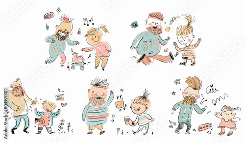 Wallpaper Mural set of cute kids and dads playing in different poses. child and father cartoon characters design collection. hand drawing vector isolated on white background. Torontodigital.ca