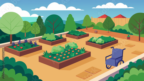 A community garden with wheelchairaccessible raised beds and braille signs for blind gardeners.. Vector illustration