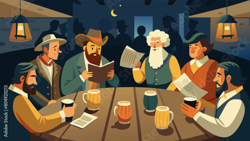 In a dimly lit tavern a group of colonists gather around a table clinking mugs of ale and listening intently as a charismatic orator reads from a. Vector illustration