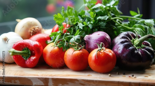 Ripe tomatoes and an assortment of colourful vegetables on a shiny wooden surface, showcasing freshness