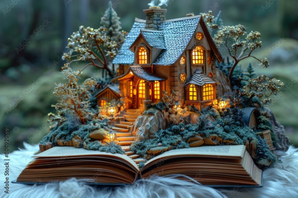Obraz premium There is a gold house in the book. When you open a book, complex paper art designs appear on the pages, and the house design is composed of gold. It forms a portal to a different world. It feels magic