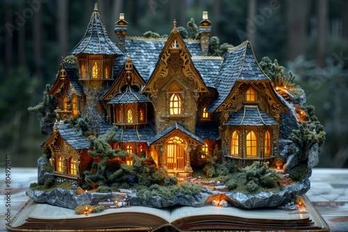 There is a gold house in the book. When you open a book, complex paper art designs appear on the pages, and the house design is composed of gold. It forms a portal to a different world. It feels magic © Da