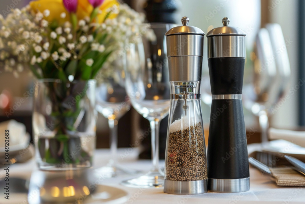 A single modern salt and pepper grinder set with a sleek finish, positioned on a clean dining table, adding a touch of elegance to every meal. 