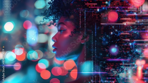 A captivating profile picture of an African American woman with curly hair, her face partially obscured coding code and futuristic tech elements,  © sania