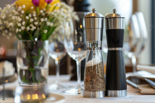 A single modern salt and pepper grinder set with a sleek finish  positioned on a clean dining table  adding a touch of elegance to every meal. 