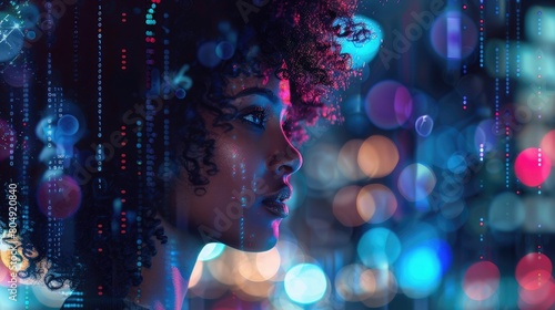 A captivating profile picture of an African American woman with curly hair  her face partially obscured coding code and futuristic tech elements  