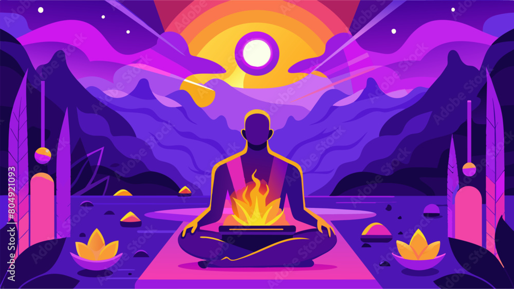 The atmosphere was alive with pulsating shades of purple and gold evoking a sense of spiritual healing and awakening during the psychedelic therapy.