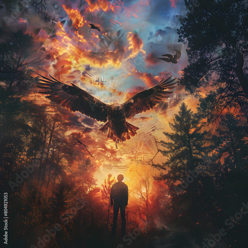 Embracing the Magic: Transformation into an Eagle in the Heart of a Sunset Forest