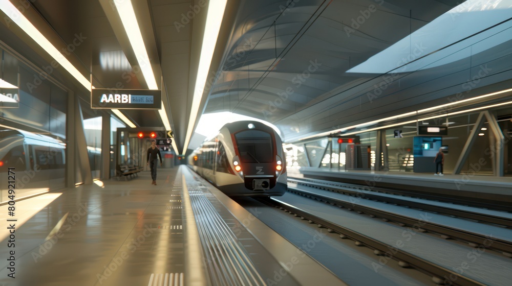 A computer-rendered image of a modern train at a high-tech station, emphasizing advanced transportation design A computer-rendered image of a modern train at a high-tech station, emphasizing advanced transportation design