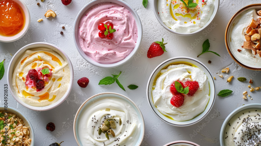 Assorted Yogurt-Based Culinary Dishes Display Assorted Yogurt-Based Culinary Dishes Display