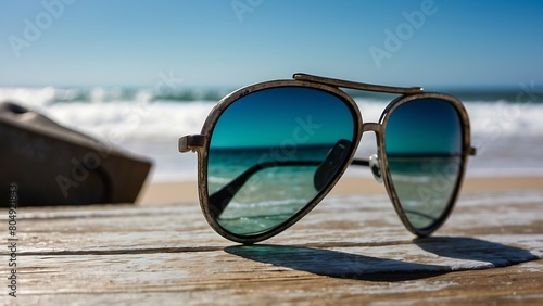 Sunglasses on a wooden table with sea and sky background.