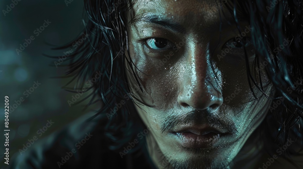 A close-up portrait of a gothic Japanese man