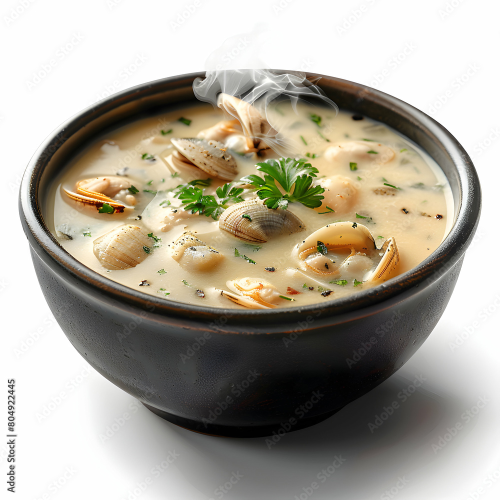 3D Flat Icon Highlighting Steam Rising from Creamy Clam Chowder Bowl, Close-Up Eater Theme Shot with Isolated White Background