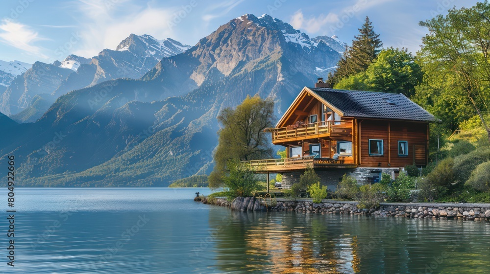 Naklejka premium A serene lakeside wooden cabin, set against a magnificent mountain range and bathed in the gentle light of dusk
