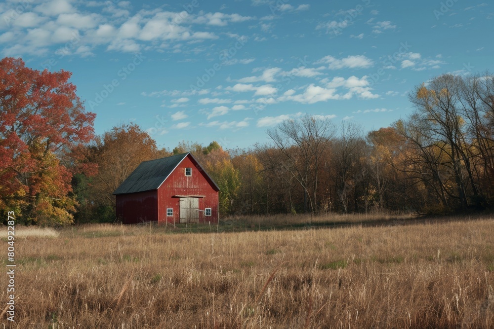 Red barn in lush green field
Red barn in lush green field