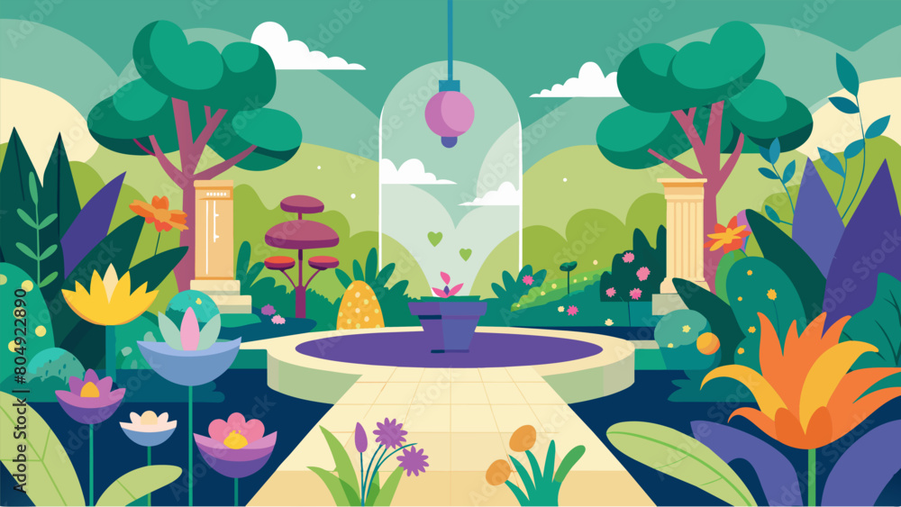 A garden filled with a variety of aromatic flowers and plants offering a multisensory experience for visitors to immerse themselves in.. Vector illustration A garden filled with a variety of aromatic flowers and plants offering a multisensory experience for visitors to immerse themselves in.. Vector illustration