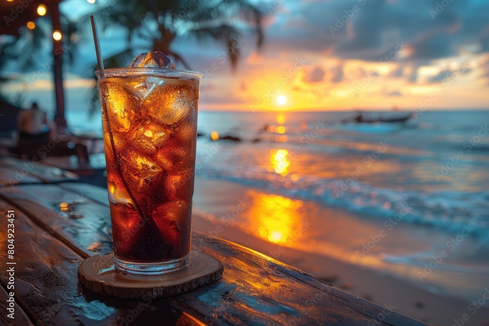 cup of iced coffee with golden hour lighting beach view professional advertising food photography cup of iced coffee with golden hour lighting beach view professional advertising food photography