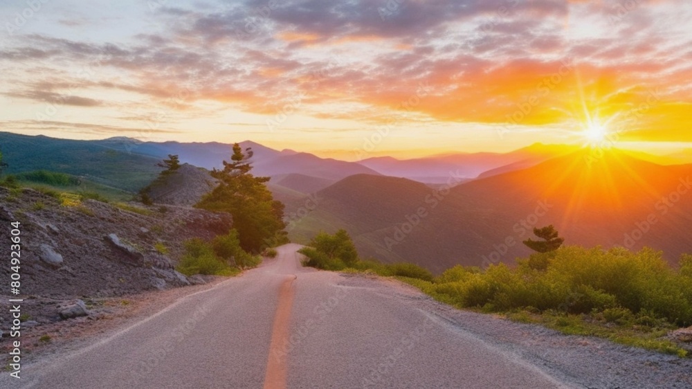 Fototapeta premium An empty old paved road in a mountain area at sunset. Generative AI.