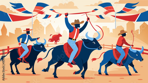 Amidst cheers and applause a team of bull riders charges out onto the field their horses decorated with red white and blue ribbons.. Vector illustration