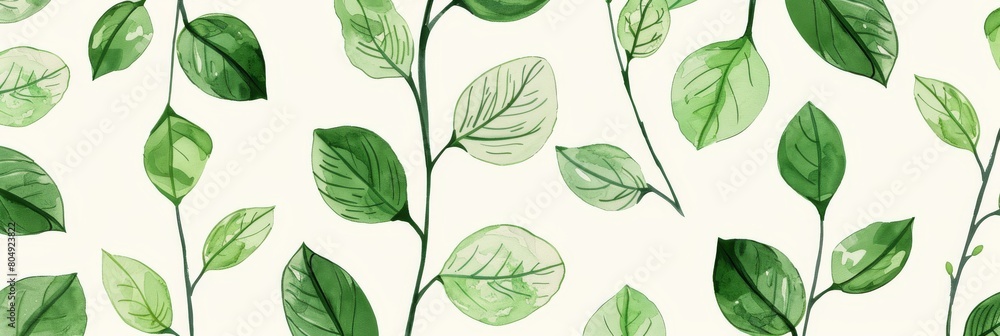 Fototapeta premium A seamless botanical watercolor illustration featuring a variety of green leaves, perfect for backgrounds, textiles, and eco-friendly concepts