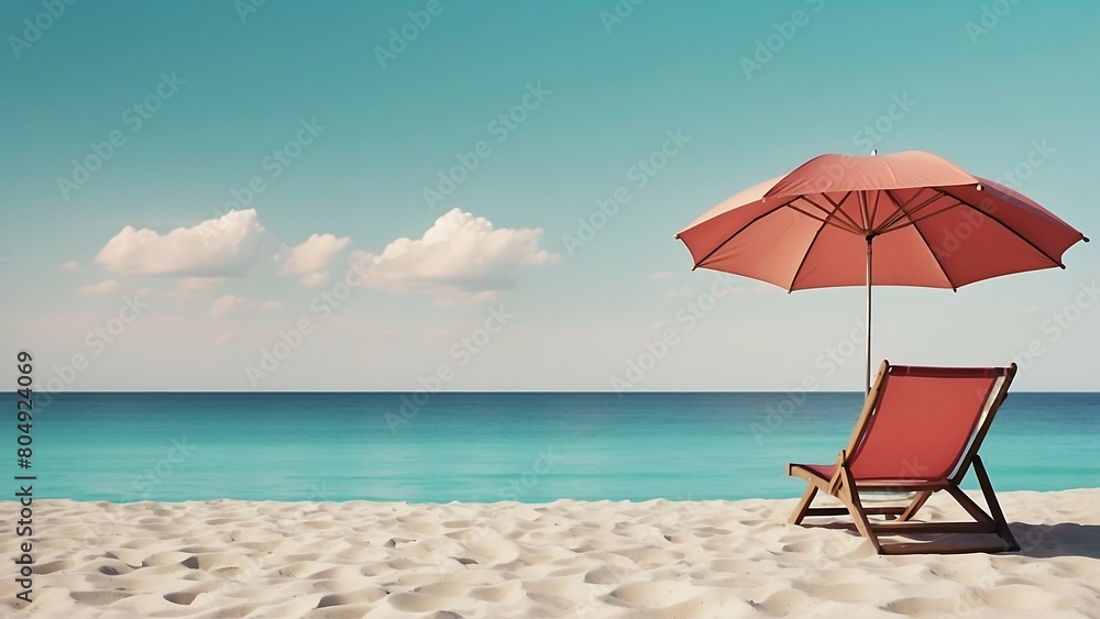 Beach chair and umbrella on the sandy beach with turquoise sea